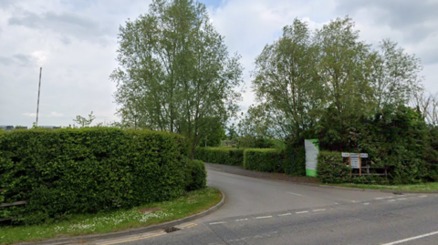 School sign near bushes