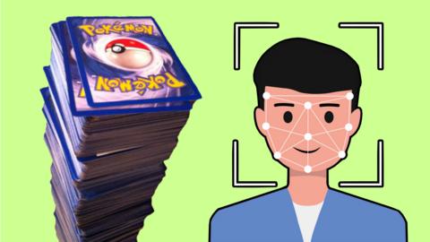 A cartoon mans face being scanned next to a large pile of pokemon cards. 