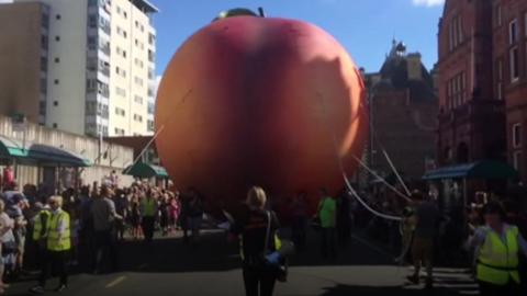 An inflatable peach, as part of Roald Dahl celebrations in Cardiff