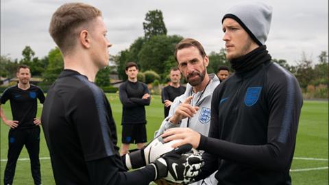 Jordan Henderson (DAVID SHIELDS);Jordan Pickford (JOSH BARROW);Harry Maguire (ADAM HUGILL);Gareth Southgate (JOSEPH FIENNES);Harry Kane (WILL ANTENBRING) in Dear England (Image copyright: Left Bank Pictures, Photographer: Jack Barnes)
