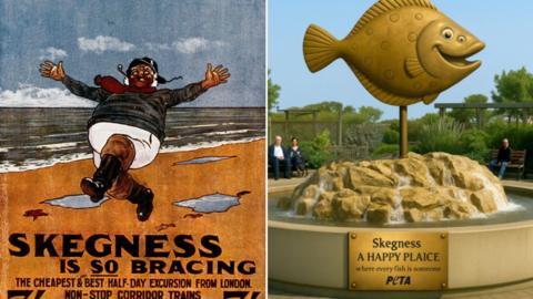 Shot of the Jolly Fisherman skipping along a beach with the caption "Skegness is so Bracing". A second image shows a mock up of a fish sculpture with the words "Skegness - a happy plaice.