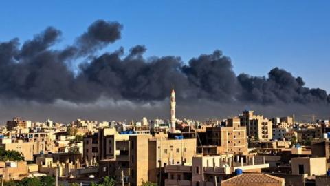 Black smoke seen over the city of Khartoum after recent explosions