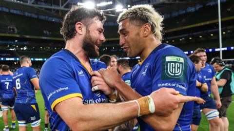 Robbie Henshaw and Rieko Ioane celebrate after the match
