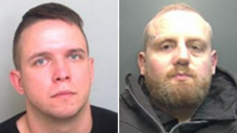 A police custody image of Aurimas Sarkis and Ignas Kisskiss, put together. Sarkis, has short dark hair and is wearing a black top, KissKiss has a tattoo on his face, a beard, short hair and is wearing a black coat. They are both looking straight at the camera.