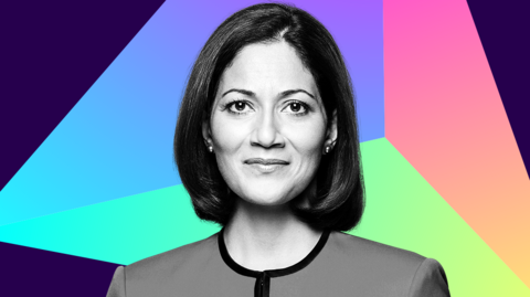 Photograph of Mishal Husain with Election 2024 colours in the background