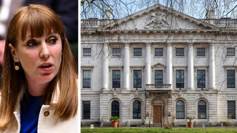Composite image of Angela Rayner and the Royal Mint building, the proposed site of the Chinese embassy