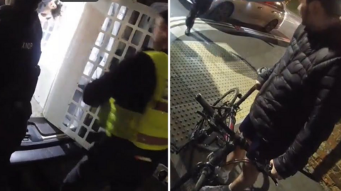 Two images side by side from a bodyworn camera - one shows a police officer at the back of a lit van with a person inside the van. The other shows a man in a black puffer coat holding a bike and looking at a car in the road.