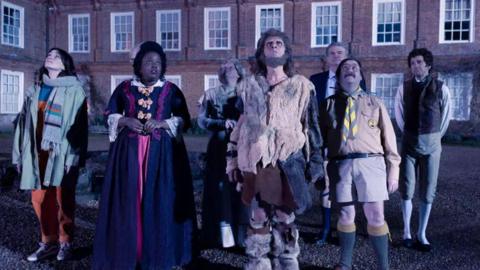 The cast of Ghosts outside West Horsley Place in Surrey