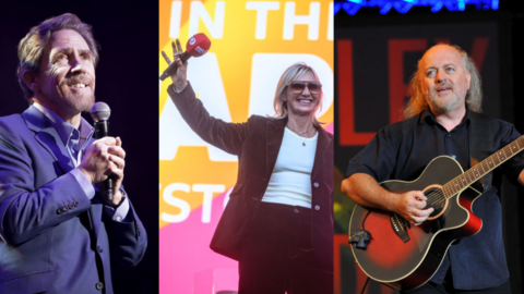 Three separate images of Rob Brydon holding a microphone, Jo Whiley holding a microphone in the air on stage at a festival and Bill Bailey on stage with an acoustic guitar