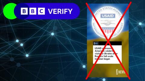 A graphic showing a screenshot from a false social media video. The video includes the logo of the organisation USAID and is designed to look like a legitimate video from the news organisation E News. A red cross is over the video screenshot to emphasise that it is a misleading video and is not produced by E News, but rather by a Russian disinformation network. 