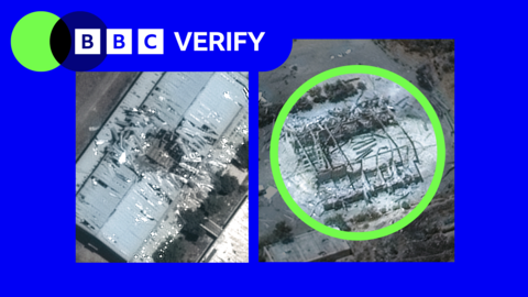 A composite of satellite images from damage inflicted on Iranian military sites: Left: the roof of a building struck in Bid Kaneh military facility; Right: a destroyed structure at Kermanshah military base. Surrounded by BBC Verify branding