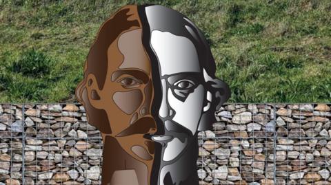 A computer generated image of how the sculpture will look. It consists of a giant head on top of a long neck. The left side of the head is a rust colour and the right side is silver-coloured. The face has parted hair and a long moustache.