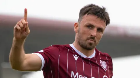 Arbroath's Calum Gallagher celebrates