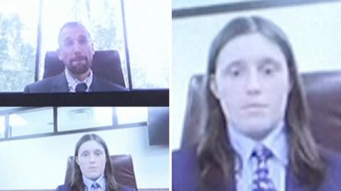Screengrabs of a video-conferencing software. Two men in suits sit in chairs.