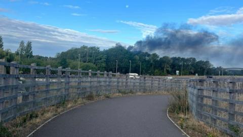 A tarmac footpath with wooden fences and fields on both sides. In the background - above a row of green trees - is  thick black smoke billowing up into the light blue sky.