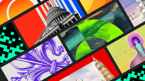 A composite image of different newsletter title images, set on a diagonal. It is made up rectangular icons, featuring from top left - two orange concentric semi-circles; black pixels on a turquoise background; the Capital Building in black and white on a background of blue, red and grey;  a purple fleur-de-lis design on a grey background; an image of sand dunes with bright green circle segments on top; the Houses of Parliament; and a turquoise and purple figure on a yellow background.