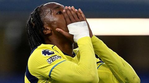 Mathys Tel of Tottenham Hotspur reacts against Chelsea