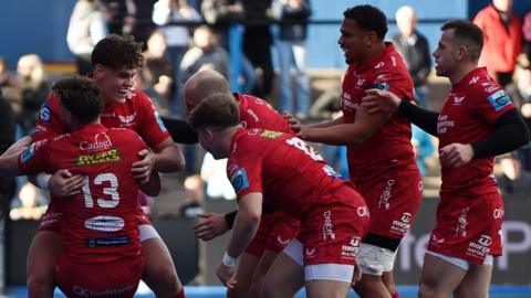 Scarlets celebrate Johnny Williams' try