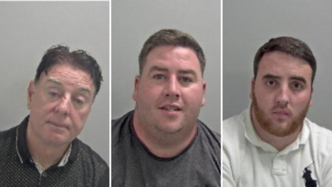 Three mugshots of three men, all with brown hair. The first man has a cut on his nose and a black and grey t-shirt. The second man has dark stubble on his face and is wearing a grey t-shirt. The third an has ginger facial hair and a white t-shirt