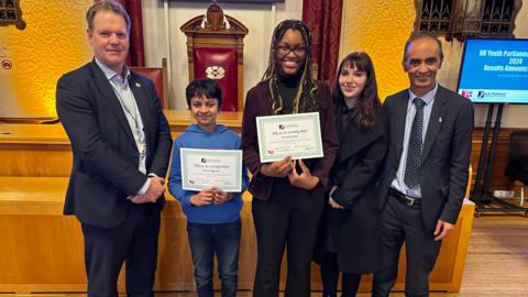 Youth MPs with Peterborough city council CEO and leader and outgoing MP Eva Wood