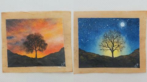 The Sycamore Gap tree on used teabags. One is during a glowing orange sunset, the other in front of a starry night time sky.