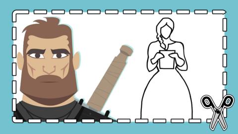 Cartoon image of Macbeth with a sword on his back and a line-drawing of Lady Macbeth.