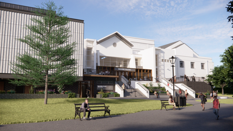 Artist's impression of the new-look theatre. A series of white buildings are in the background, with lawns, paths and benches in the foreground. CGI people are walking along the path or sitting on benches