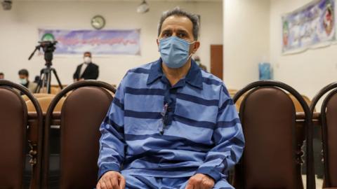Jamshid Sharmahd attends the first hearing of his trial in Tehran, Iran, on 6 February 2022