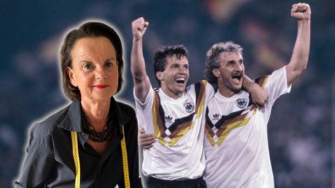 A composite image of a woman with a tape measure around her neck, and two German footballers in retro kit