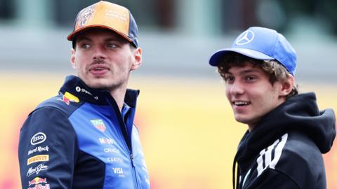 Red Bull's Max Verstappen and Mercedes' Kimi Antonelli during the drivers' parade before the Belgian Grand Prix