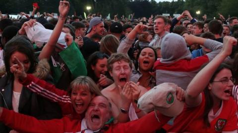 Wales fans in Cardiff fan zone