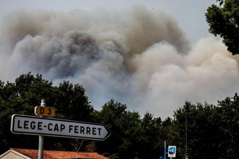 Smoke rises over a pine forest during a wildfire spreading in Cap Ferret, in Lege-Cap-Ferret