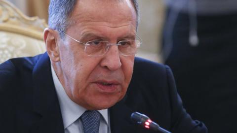 Close-in headshot of Mr Lavrov talking