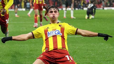Rocco Vata performs a knee-slide in celebration after scoring Watford's winner against West Bromwich Albion