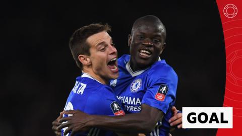 Cesar Azpilicueta celebrates with N'Golo Kante