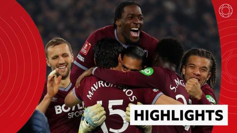 West Ham's players celebrate after beating Brentford on penalties