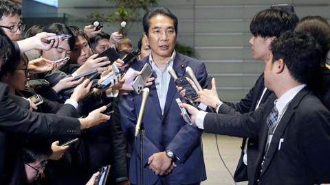 Japan's Agriculture, Forestry and Fisheries Minister Taku Eto speaks to the media after a meeting with Prime Minister Shigeru Ishiba over his controversial comments about receiving rice from supporters, Tokyo, Japan 19 May, 2025.