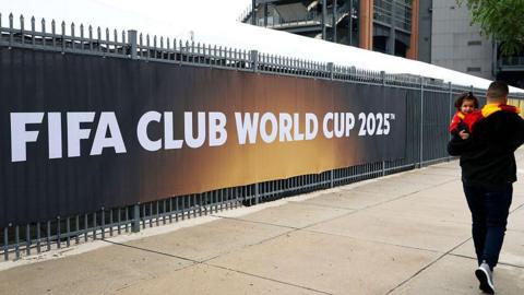 A sign reads FIFA CLUB WORLD CUP 2025 in Philadelphia