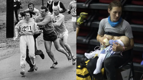 A black and white image on the left Kathrine Switzer being pushed by a crowd of men while she is trying to run.  Sophie Power in a photo on the right breastfeeding her baby.