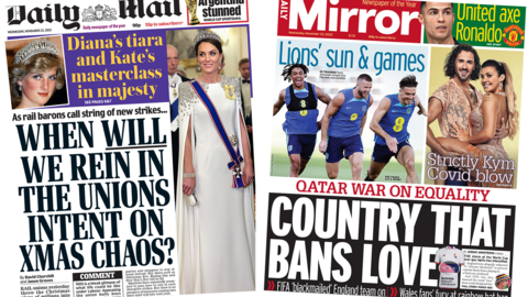 The headline in the Mail asks, "When will we rein in the unions intent on xmas chaos?", while the front of the Mirror references the ongoing row about whether players at the Qatar World Cup should be allowed to wear symbols in support of LGBT rights. The headline reads: "Country that bans love"