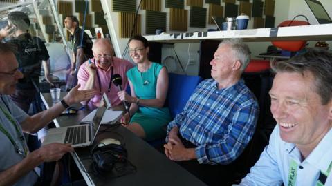 Simon Mann, Vic Marks, Alison Mitchell, Jim Maxwell and Glenn McGrath take part in a TMS Boxing Day quiz