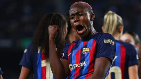 Asisat Oshoala celebrates after scoring