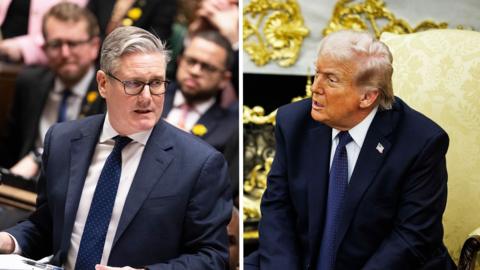 A split-screen composite image of Starmer in the Commons and Trump in the Oval Office