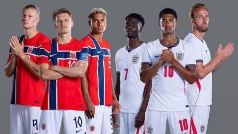 Composite image of members of both the England men's football team and Norway men's football team, all looking down the lens with a serious expression