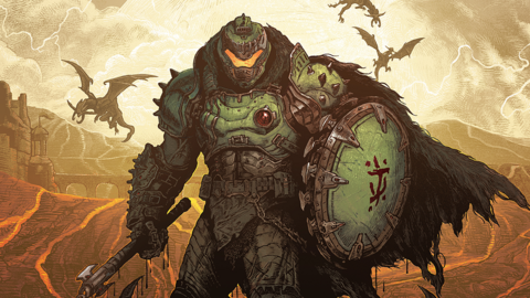 A detailed, comic book style sketch of Doom's main character, The Doom Slayer, standing in front of a barren landscape where lightning illuminates the sky as dragons fly about. He wears his standard green armour, alongside a matching helmet with yellow visor. A tattered viking-style fur cloak billows out behind him.