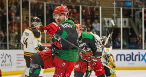 Riley Brandt celebrates after scoring for Cardiff Devils