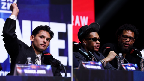 Split image of Ryan Garcia putting his fist in the air with Devin Haney and Bill Haney speaking at a news conference