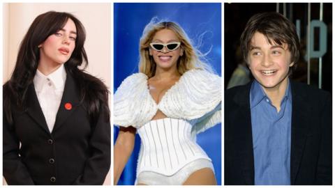 photo montage of Billie Eilish, Beyonce, and Daniel Radcliffe