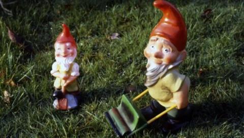 Two garden gnomes stood on grass. They have red hats and are wielding gardening equipment 