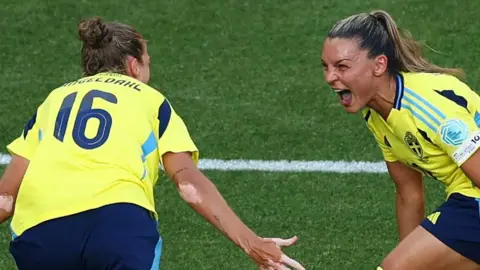 Sweden's Filippa Angeldahl celebrates scoring their first goal with Johanna Rytting Kaneryd